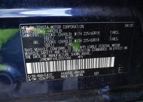 2020 Toyota Rav4 Hybrid Limited z USA, uszkodzony, nr VIN JTMDWRFV4LD551066